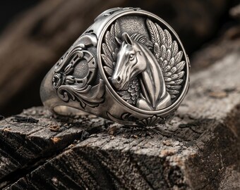 Sterling Silver Pegasus Ring, Horse with Wings Signet Ring, Mythology Jewelry, Handmade Unique Ring, Flying Horse Ring, Pegasus Jewelry