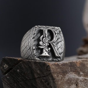 Anillo de inicial personalizado en plata de ley de 925 quilates, anillo con sello de letra personalizado, anillo con monograma llamativo, anillo para hombre de inspiración vintage, regalo para él