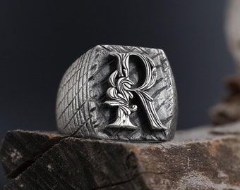 925K Sterling Silver Personalized Initial Ring: Custom Bold Monogrammed Letter Signet Ring, Floral Initial Ring