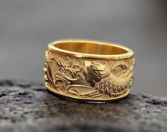 Bague poisson frange japonaise, anneau de carpe carpe koï, bague pour homme unique, bijoux japonais, bague à motifs traditionnels, alliance en plaqué or