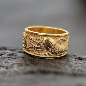 Japanese Fish Bang Ring, Carp Koi Fish Band Ring, Unique Mens Ring, Japanese Jewelry, Traditional Patterned Ring, Gold Plated Wedding Ring