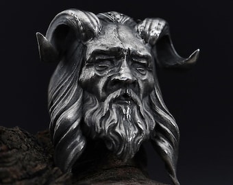 Handmade Horned Man Face Ring, Sterling Silver Gothic Biker Jewelry