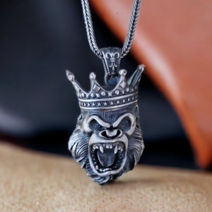 King Kong Necklace, Silver Angry Gorilla Necklace, 3D Men Necklace, Gorilla Head Pendant, Gothic Necklace, Punk Jewelry, Animal Necklace
