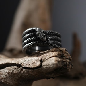 Könnte beinhalten: Ein silberfarbener Ring mit Schlangenmuster. Der Ring hat ein gewickeltes Band mit einem Schlangenkopf oben. Der Schlangenkopf ist mit Schuppen detailliert. Der Ring wird auf einem Holzstück präsentiert.