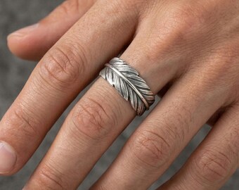 Sterling Silver Feather Band: Nature Inspired Men's Wedding Ring, Feather Jewelry