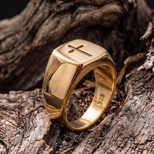 14K Solid Gold Christian Signet Ring: Religious Ring, Men's Faith Ring, Silver Cross Jewelry
