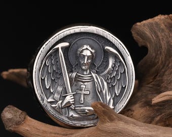 Anillo de plata de San Miguel Arcángel para hombre: Anillo con sello de espada de ángel guerrero, joyería de protección espiritual