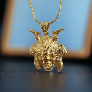 Gold Plated Warrior Skull with Helmet Necklace, Handmade Gothic Jewelry for Men, Punk Necklace, Gold Plated Skull Head Necklace