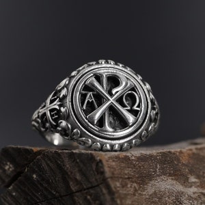 Alpha and Omega Chi-Rho Cross Ring, Gothic Style Ring, Christian Ring, Gift For Him, Religious Ring, Alpha Omega Symbol Ring