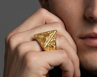 Anillo piramidal chapado en oro: Ojo que todo lo ve de plata de ley, joyería masónica Illuminati