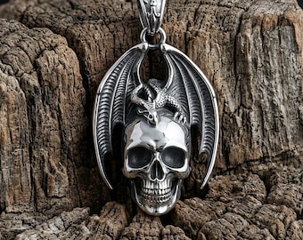 Silver Dragon Skull Necklace, Gothic Men's Pendant, Viking Fantasy Jewelry, Dark Style Necklace, Mythic Creature Necklace, Fantasy Jewelry