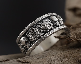 Floral Skull Wedding Ring, Rose and Skull Band Ring, Gothic