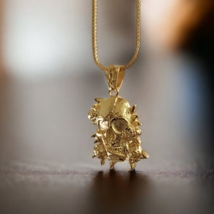 Gold Plated Floral Pirate Skull Necklace, Skull Head Necklace, Gold Plated Skull Pendant, Handmade Skull Jewelry, Unique Gothic Necklace