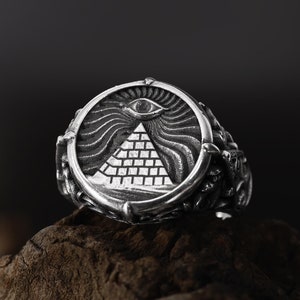 Silver All Seeing Eye Ring: Masonic Men Ring, Engraved Pyramid Ring, Illuminati Ring, Secret Society Ring