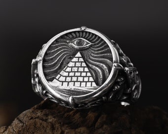Anillo de plata de ley con el Ojo que Todo lo Ve: Joyería masónica Illuminati