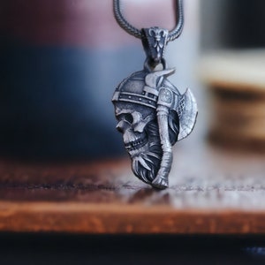 Warrior Skull with Axe Necklace, Gothic Handmade Necklace for Men, Skull Pendant, Viking Necklace, Pagan Jewelry, Warrior Jewelry