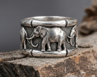 Anillo de plata de ley hecho a mano con forma de elefante, amuleto de la buena suerte.