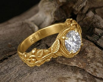 14K Solid Gold Floral Engagement Ring: Romantic Gold Ring, Vintage Style Ruby Ring, Nature Inspired Jewelry