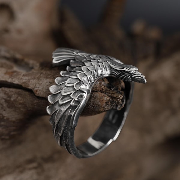 Men's Viking Raven Ring: 925K Silver Handmade Crow Ring, Viking Inspired Jewelry, Handmade Norse Ring