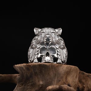 Native Chief Head with Wolf Ring:  Indian Chief Jewelry in 925K Sterling Silver