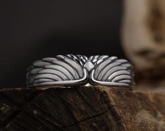 Sterling Silver Wings Band Ring: Symbolic Angelic Unisex Statement Jewelry
