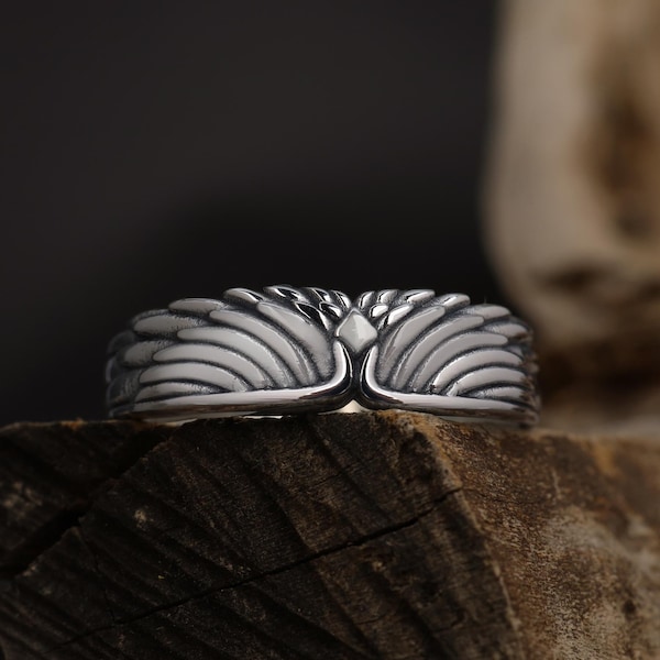 Sterling Silver Wings Band Ring: Symbolic Angelic Unisex Statement Jewelry