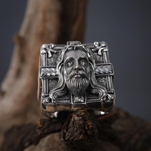 Signet Jesus Ring, Religious Ring, Catholic Ring, Silver Square Signet Ring, Silver Savior Men Ring, Religious Jewelry, Unique Man Ring