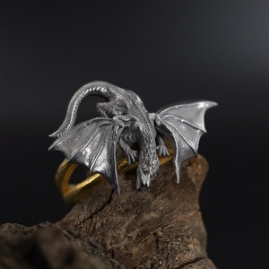 Handmade Sterling Silver Winged Dragon Ring: Fantasy Jewelry for Men