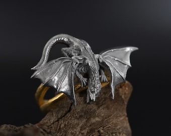 Handmade Sterling Silver Winged Dragon Ring: Fantasy Jewelry for Men
