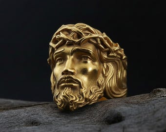 14K Solid Gold Jesus Head Ring: Christian Statement Ring, Religious Gold Ring, Jesus Face Signet Ring