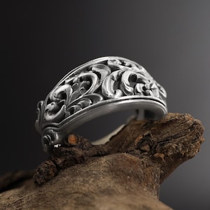 Anillo grande con diseño floral, anillo barroco para hombre, anillo de banda ancha con diseño vintage, anillo tallado para el pulgar, anillo de diseño único para hombre, anillo real