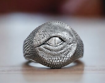 Sterling Silver Dragon Eye Ring: Mythical Creature Signet Men Ring
