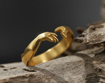 14K Solid Gold Hands of God Ring: Adjustable Hand Ring, The Creation of Adam Ring, Renaissance Jewelry