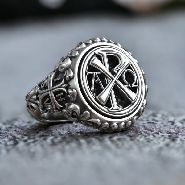 Anillo de sello de monograma Chi Rho Alpha Omega, anillo de hombres de Jesucristo, joyería de plata para hombres, anillo de cruz Chi Rho hecho a mano, anillos geniales