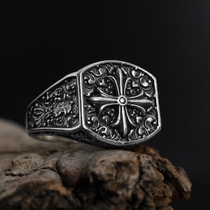 Baroque Cross Signet Ring:925K Sterling Silver Templar Cross Christian Signet Ring