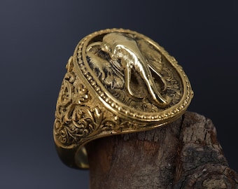 925K Sterling Silver Gold Plated Vintage Elephant Ring: Antique Men Ring