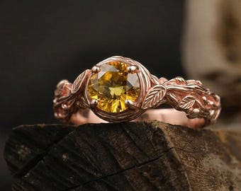 Rose Gold Citrine Promise Ring: Nature Inspired Ring, Citrine Engagement Ring for Her