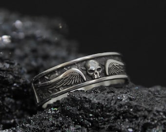 925K Sterling Silver Winged Skull Band Ring: Biker Men Jewelry