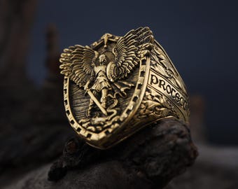 Archangel Michael Ring 14K Solid Gold: Saint Michael Protection Ring, Christian Religious Jewelry