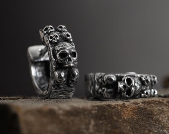 Sterling Silver Skulls Small Hoop Earrings, Gothic Earrings, Dangle Skull Earrings, Skull Jewelry, Punk Jewelry, Goth Hoop Earrings