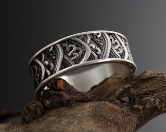 Sterling Silver Great Wave Ring: Japanese Kanagawa Ocean Band, Handmade Silver Jewelry