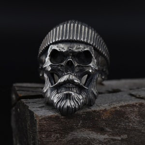 Scary Skull Face Ring, Bearded Skull with Beanie Ring, Gothic Men Ring, Bikers Ring, Men Fantasy Ring, Brutalist Jewelry for Men