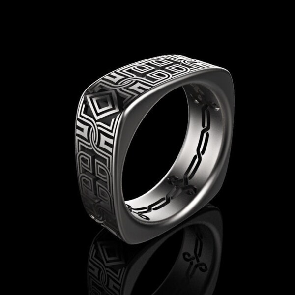 Unique Wedding Band for Men, Celtic Square Band Ring, Engraved Celtic Ring, Handmade Wide Band Ring, Vintage Style Engagement Band for Men