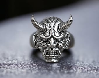Sterlingzilveren Hannya Oni-maskerring, Japanse demonsieraden