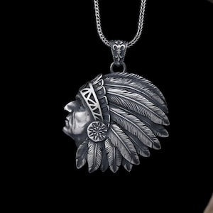 Silver Chief Head Pendant Necklace: Vintage Tribal Inspired Necklace, Native Chief Necklace, Unique Men’s Jewelry