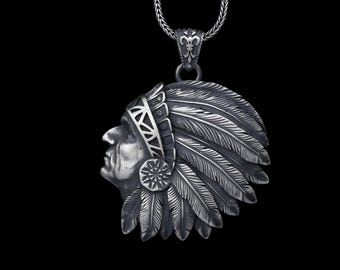 Silver Chief Head Pendant Necklace: Vintage Tribal Inspired Necklace, Native Chief Necklace, Unique Men’s Jewelry