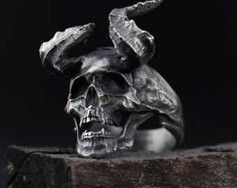 Handmade Sterling Silver Horned Demon Skull Ring, Gothic Lucifer