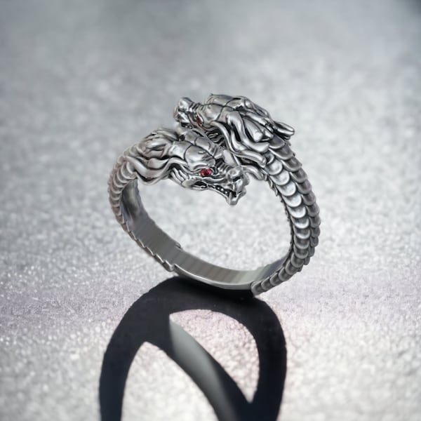 Chinesischer Drachenkopf Ring, verstellbarer Bandring für Männer, Fantasy Ring, Mythologie Ring, Sterling Silber Drachenring, Gothic Ring, 3D Ring Männer