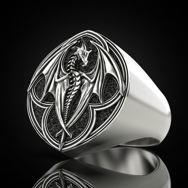 Sterling Silver Dragon Ring, 3D Fantasy Ring for Men, Large Unique Mens Ring, Mystic Ring, Dragon Jewelry, Men Thumb Ring, Mythology Ring