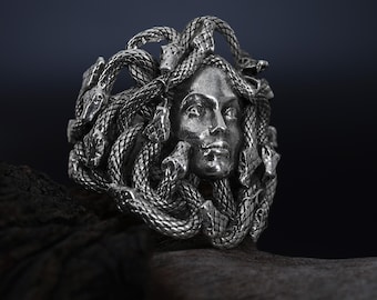 925K Sterling Silver Medusa Gorgon Ring: Gothic Mythological Statement Band, Men's Sılver Jewelry